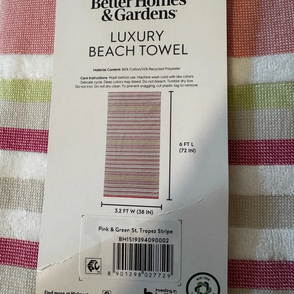 Better Homes And Gardens Pink Stripe Luxury Beach Towel - 2 NWT